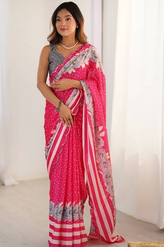 pink chinon silk blend print work with mirror work border designer saree