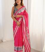 pink chinon silk blend print work with mirror work border designer saree