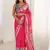 pink chinon silk blend print work with mirror work border designer saree