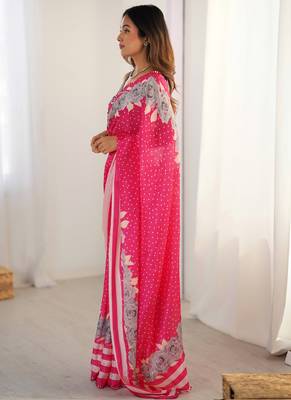 pink chinon silk blend print work with mirror work border designer saree 2
