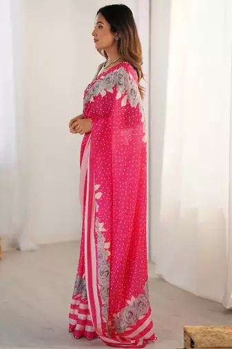 pink chinon silk blend print work with mirror work border designer saree