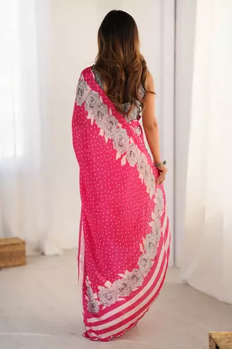 pink chinon silk blend print work with mirror work border designer saree