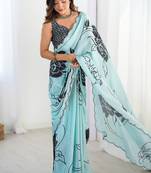 sky blue chinon silk blend print work with mirror work border designer saree