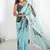 sky blue chinon silk blend print work with mirror work border designer saree