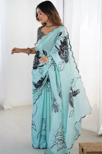sky blue chinon silk blend print work with mirror work border designer saree