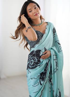 sky blue chinon silk blend print work with mirror work border designer saree 3