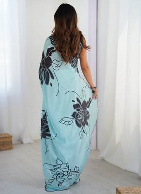 sky blue chinon silk blend print work with mirror work border designer saree 4
