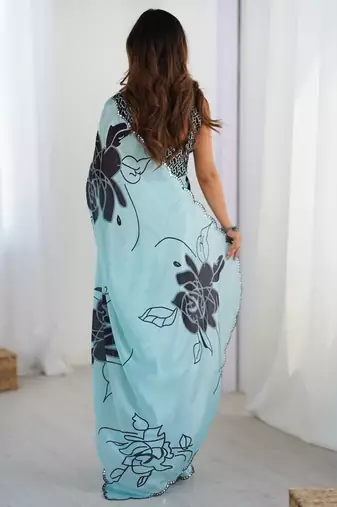 sky blue chinon silk blend print work with mirror work border designer saree