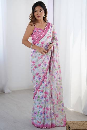 off white chinon silk blend print work with mirror work border designer saree