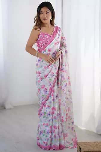 off white chinon silk blend print work with mirror work border designer saree