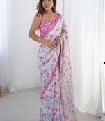 off white chinon silk blend print work with mirror work border designer saree