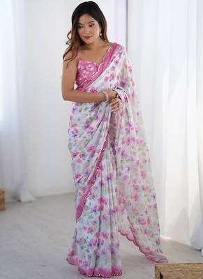 off white chinon silk blend print work with mirror work border designer saree 2