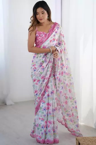 off white chinon silk blend print work with mirror work border designer saree