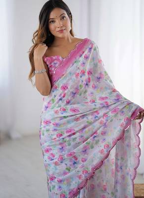 off white chinon silk blend print work with mirror work border designer saree 3