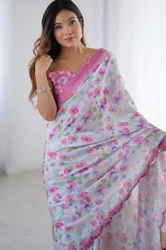 off white chinon silk blend print work with mirror work border designer saree