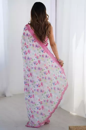 off white chinon silk blend print work with mirror work border designer saree
