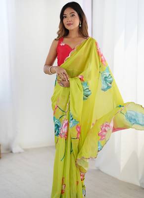 lemon yellow chinon silk blend print work with mirror work border designer saree 1