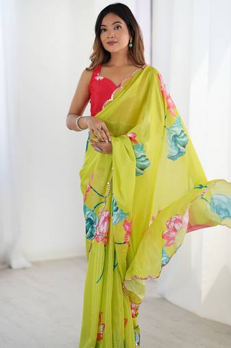lemon yellow chinon silk blend print work with mirror work border designer saree