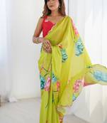 lemon yellow chinon silk blend print work with mirror work border designer saree