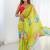 lemon yellow chinon silk blend print work with mirror work border designer saree