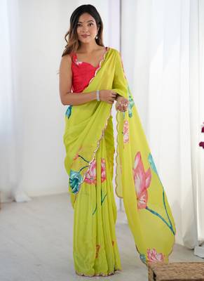 lemon yellow chinon silk blend print work with mirror work border designer saree 2