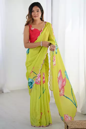 lemon yellow chinon silk blend print work with mirror work border designer saree