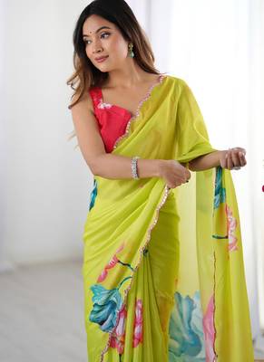 lemon yellow chinon silk blend print work with mirror work border designer saree 3