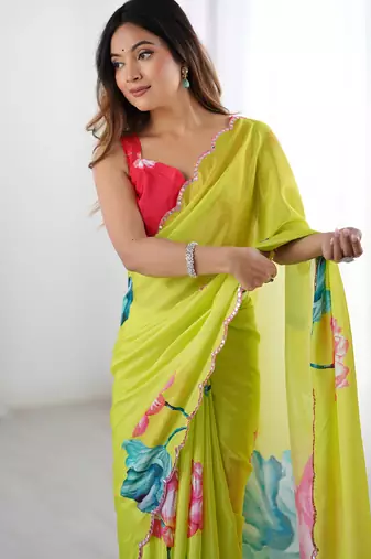 lemon yellow chinon silk blend print work with mirror work border designer saree
