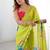 lemon yellow chinon silk blend print work with mirror work border designer saree