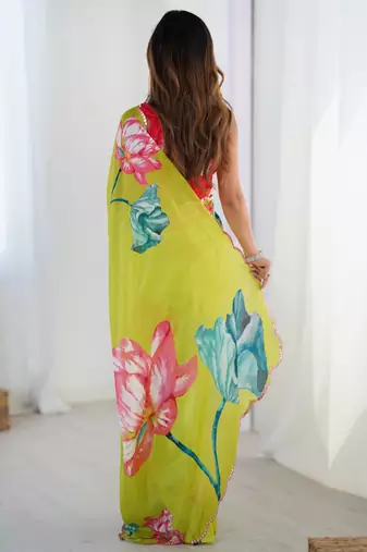 lemon yellow chinon silk blend print work with mirror work border designer saree