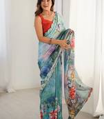 multicolor chinon silk blend print work with mirror work border designer saree