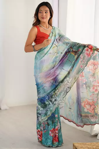 multicolor chinon silk blend print work with mirror work border designer saree