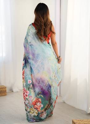 multicolor chinon silk blend print work with mirror work border designer saree 4