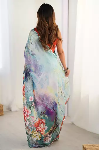 multicolor chinon silk blend print work with mirror work border designer saree