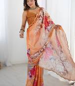 multicolor chinon silk blend print work with mirror work border designer saree