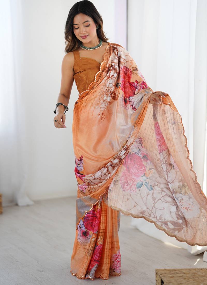 multicolor chinon silk blend print work with mirror work border designer saree