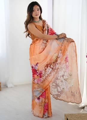 multicolor chinon silk blend print work with mirror work border designer saree 2