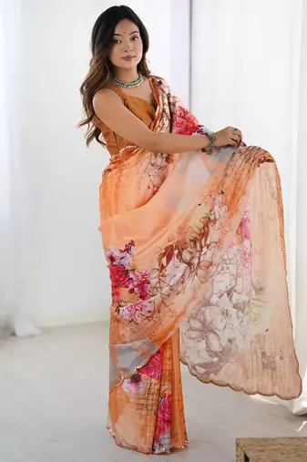 multicolor chinon silk blend print work with mirror work border designer saree