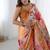 multicolor chinon silk blend print work with mirror work border designer saree