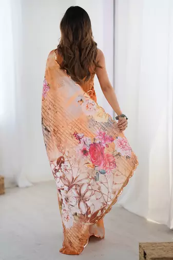 multicolor chinon silk blend print work with mirror work border designer saree