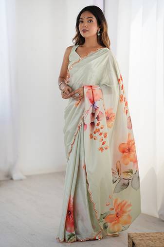 olive green chinon silk blend print work with mirror work border designer saree