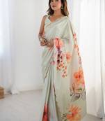 olive green chinon silk blend print work with mirror work border designer saree