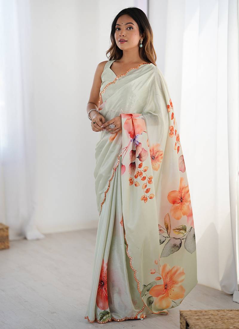 olive green chinon silk blend print work with mirror work border designer saree