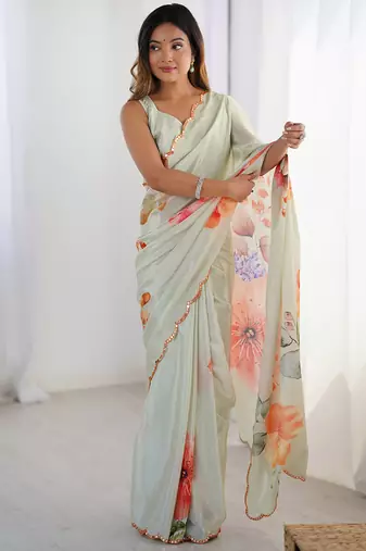 olive green chinon silk blend print work with mirror work border designer saree
