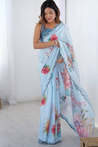 sky blue chinon silk blend print work with mirror work border designer saree