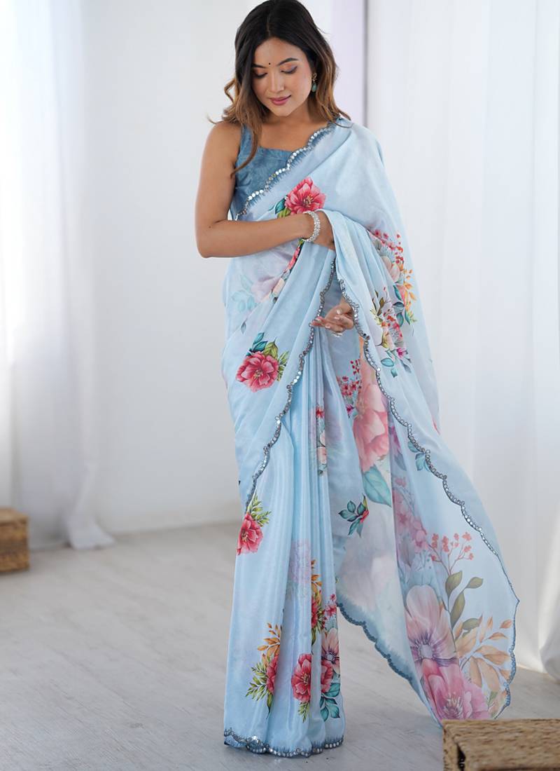 sky blue chinon silk blend print work with mirror work border designer saree