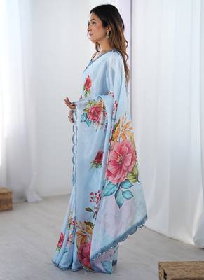 sky blue chinon silk blend print work with mirror work border designer saree 2
