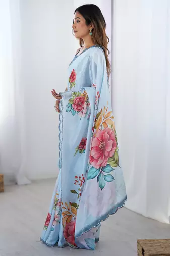 sky blue chinon silk blend print work with mirror work border designer saree