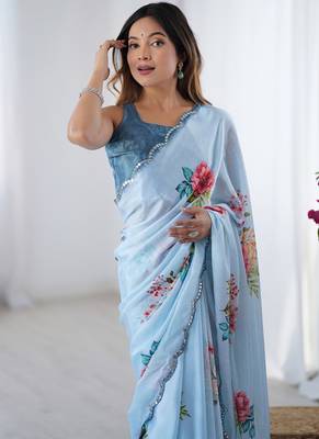 sky blue chinon silk blend print work with mirror work border designer saree 3