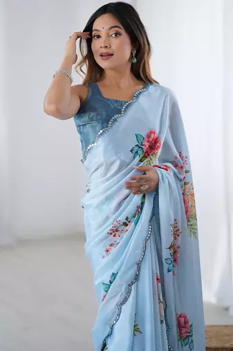 sky blue chinon silk blend print work with mirror work border designer saree